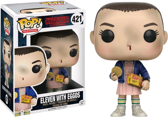 Funko Pop! Eleven with Eggos figure from Stranger Things, featuring Eleven holding Eggos in her hand, collectible toy with detailed design.