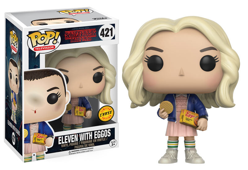 Funko Pop! Eleven with Eggos figure from Stranger Things, featuring Eleven in a pink dress holding Eggos, Chase edition collectible.