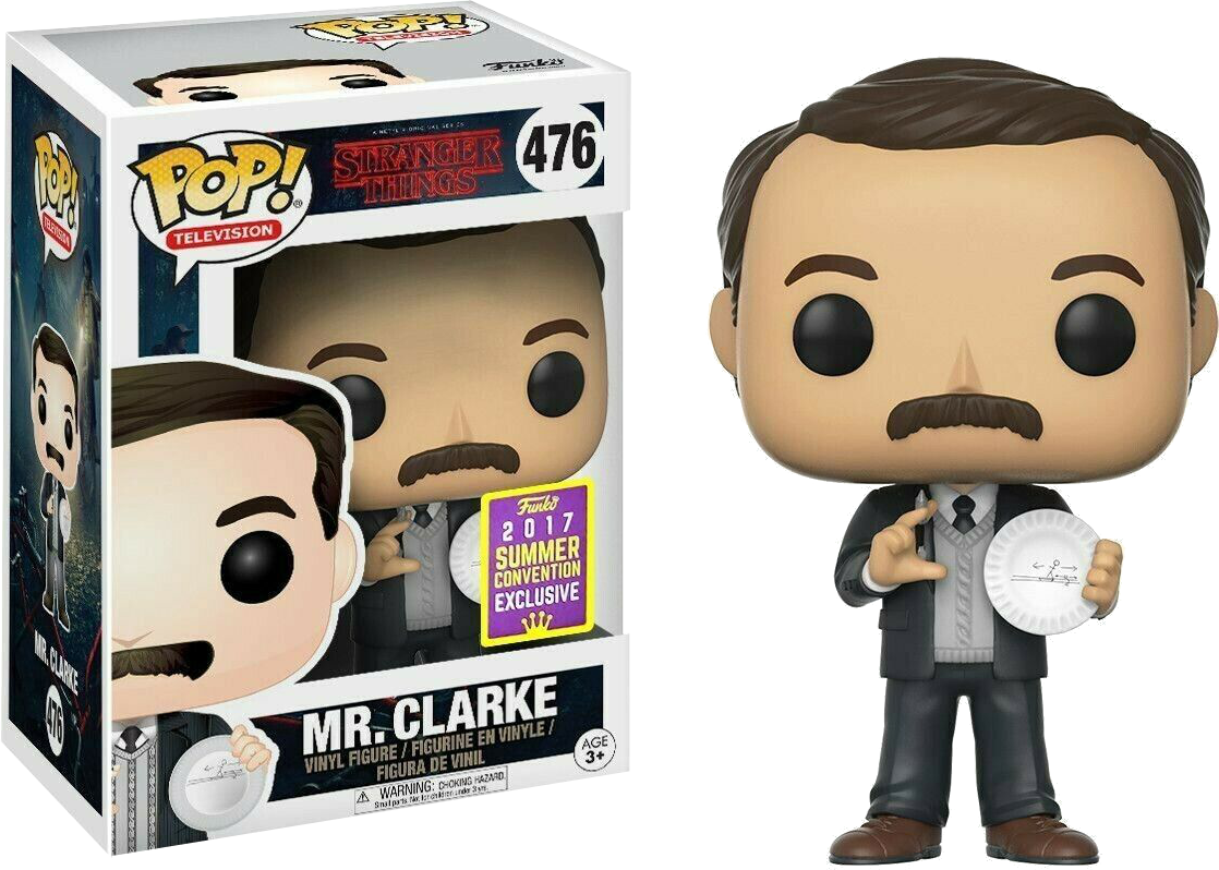 Funko Pop! figure of Mr. Clarke from Stranger Things, 2017 Summer Convention Exclusive, with detailed character features.