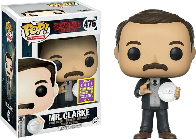 Funko Pop! figure of Mr. Clarke from Stranger Things, 2017 Summer Convention Exclusive, with detailed character features.