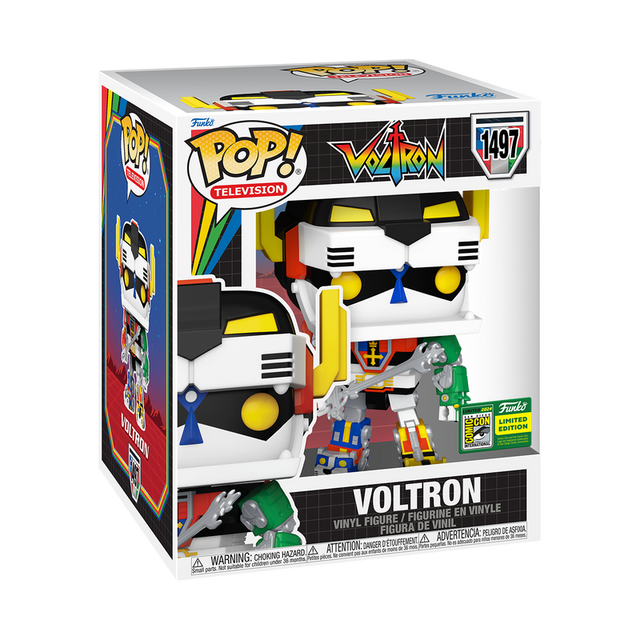 Funko Pop! Television Super Voltron figure with blazing sword, featuring 2024 SDCC sticker, displayed in its box with collector's details.