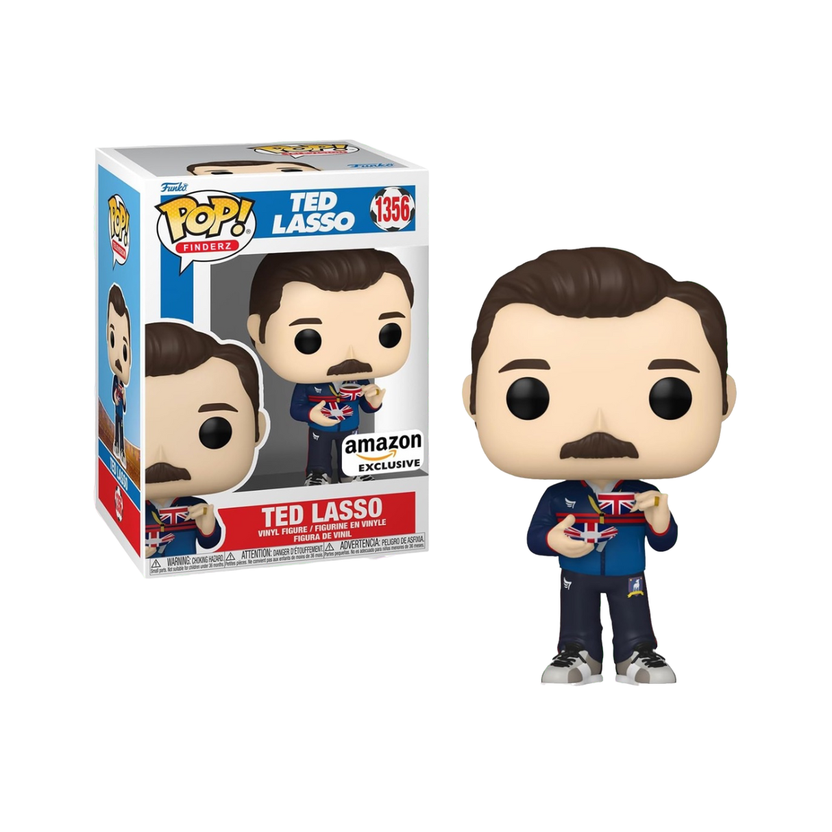 Funko Pop! Television Ted Lasso figure holding a tea cup, collectible toy from Shak's Pop Shop, Amazon Exclusive.