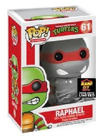 Grayscale Raphael Funko Pop! figure from Teenage Mutant Ninja Turtles, exclusive to Alamo City, with detailed turtle shell and mask.