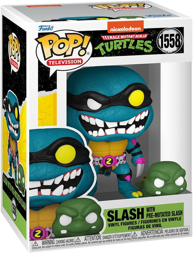 Funko Pop! Teenage Mutant Ninja Turtles Slash with Pre-Mutated Slash figure, featuring box imperfection, from Shak's Pop Shop.