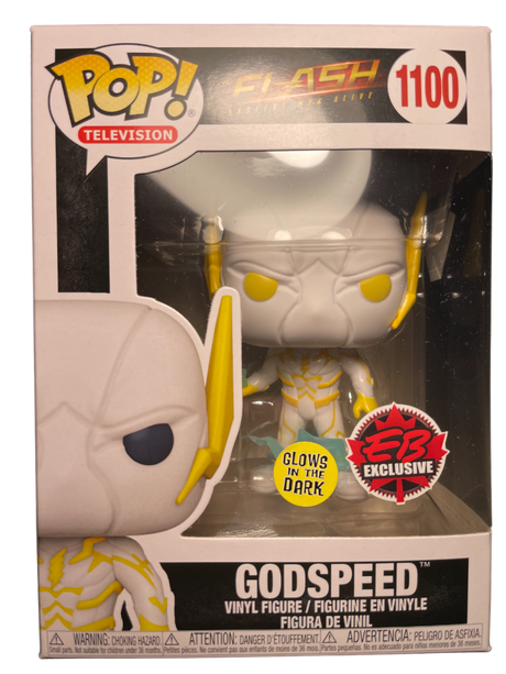 Funko Pop! Television The Flash GodSpeed glow figure from Shak's Pop Shop, EB Games exclusive, featuring a detailed collectible character.