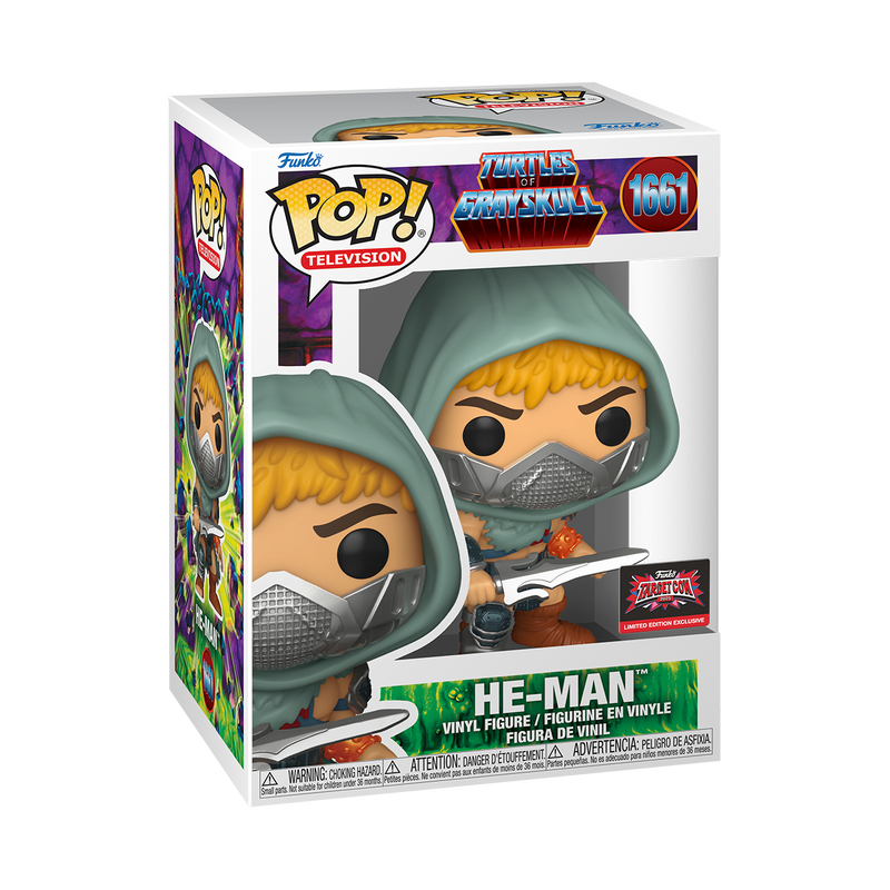 Funko Pop! Television Turtles of Grayskull He-Man figure with box imperfection, collectible toy from Shak's Pop Shop.
