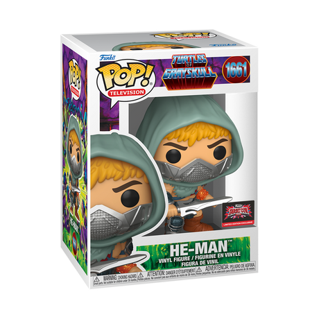 Funko Pop! Television Turtles of Grayskull He-Man figure with box imperfection, collectible toy from Shak's Pop Shop.