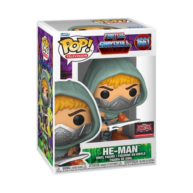Funko Pop! Television Turtles of Grayskull He-Man figure with box imperfection, collectible toy from Shak's Pop Shop.