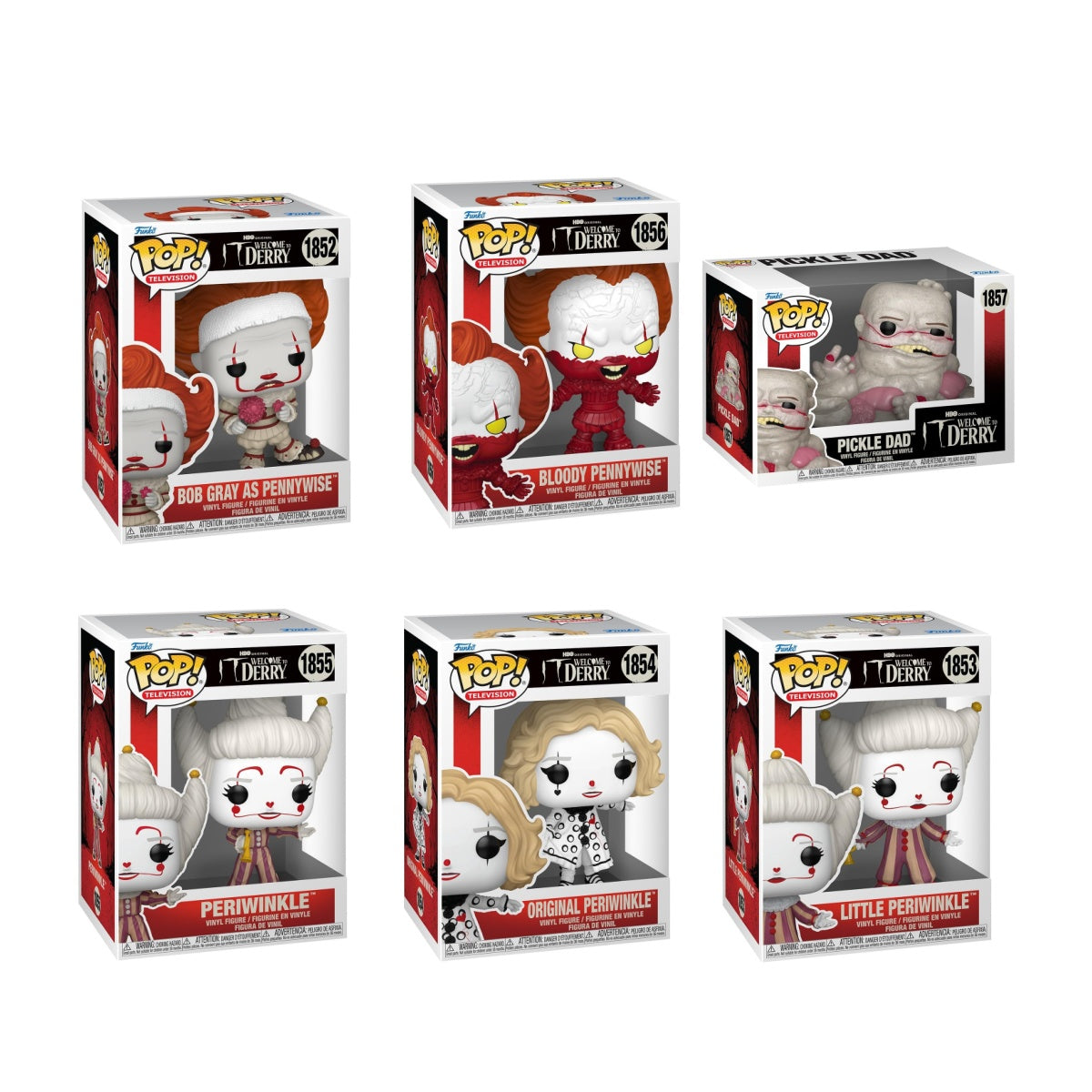 Six Funko Pop! figures from the Welcome to Derry TV series, featuring colorful collectible vinyl figures from Shak's Pop Shop.