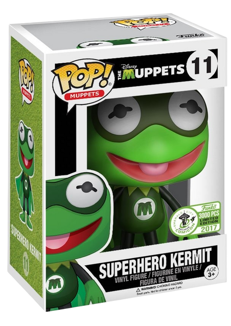 Funko Pop! Kermit the Frog superhero figure from The Muppets, Emerald City Comic Con exclusive with box imperfection, by Shak's Pop Shop.