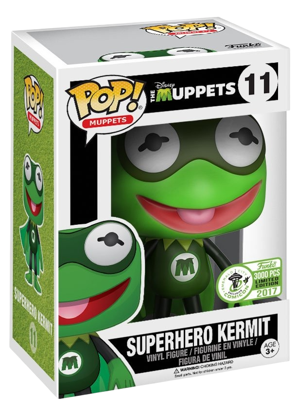 Funko Pop! Kermit the Frog superhero figure from The Muppets, Emerald City Comic Con exclusive with box imperfection, by Shak's Pop Shop.