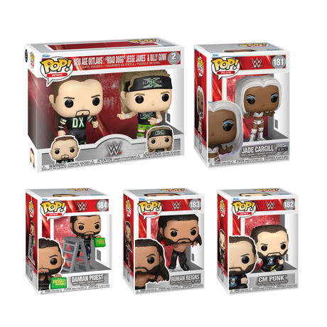Six WWE Funko Pop! figures in a bundle from Shak's Pop Shop, featuring colorful collectible vinyl characters.