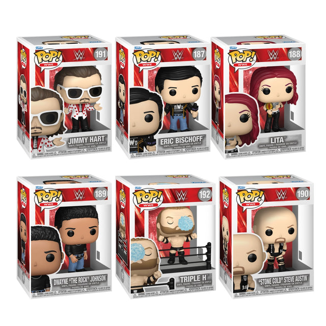 Set of six WWE Funko Pop! figures from Shak's Pop Shop, featuring collectible WWE character vinyl figures.