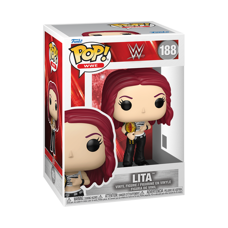 Funko Pop! WWE Lita figure in box, featuring detailed design and signature attire, collectible toy from Shak's Pop Shop.
