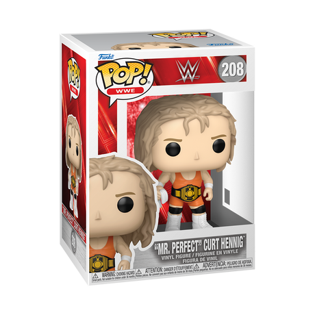 Funko Pop! WWE Mr. Perfect Curt Hennig figure in original packaging with detailed wrestling attire and signature pose.