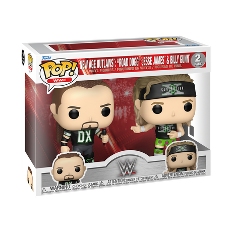 Funko Pop! WWE New Age Outlaws 2-pack featuring collectible figures of Road Dogg and Billy Gunn in wrestling poses