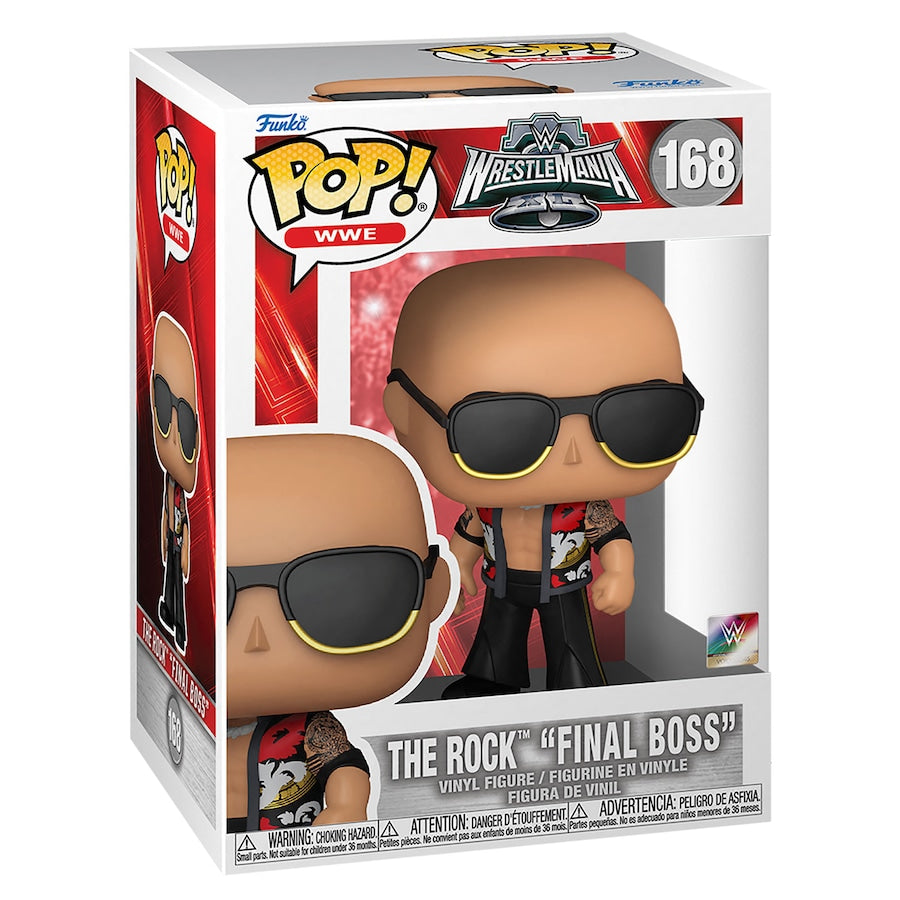 Funko Pop! WWE WrestleMania 40 The Rock Final Boss figure, collectible toy with detailed wrestling character design.