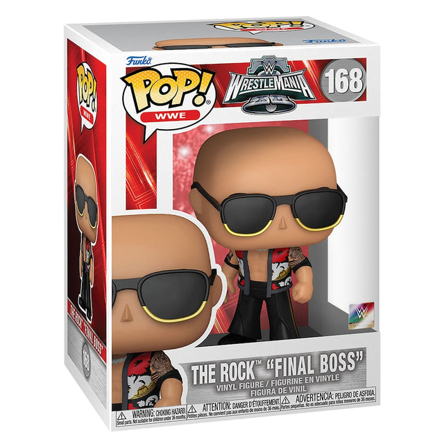 Funko Pop! WWE WrestleMania 40 The Rock Final Boss figure, collectible toy with detailed wrestling character design.