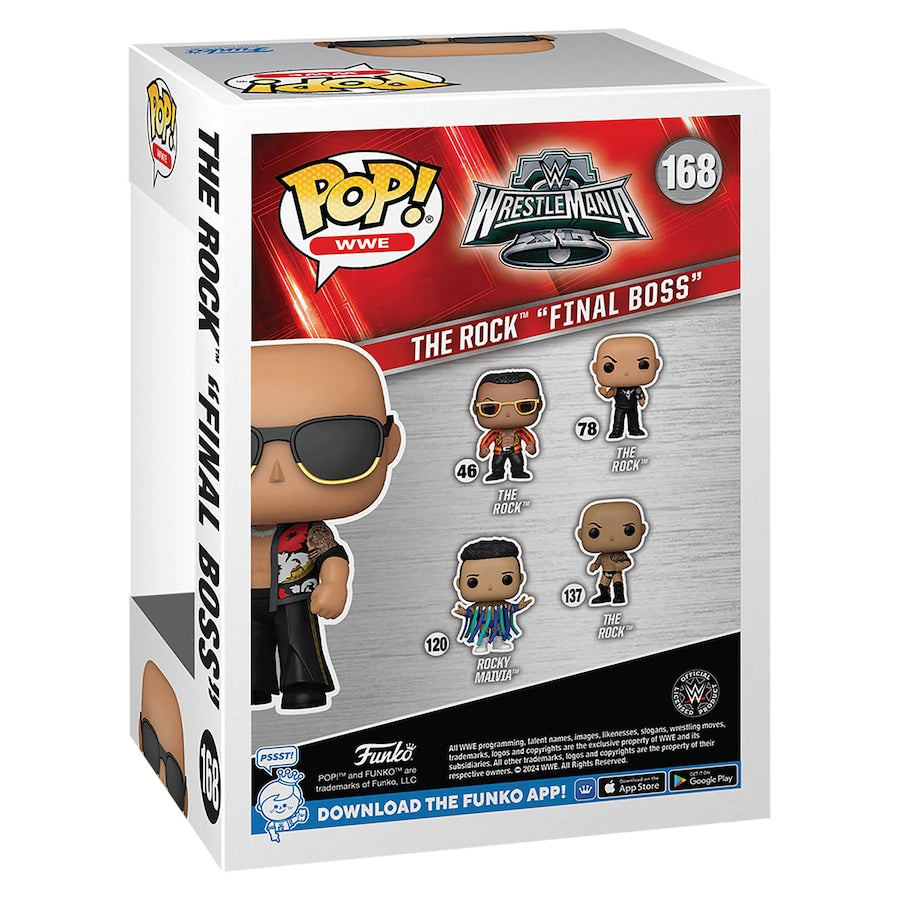 Funko Pop! WWE WrestleMania 40 The Rock Final Boss figure, collectible figurine with detailed wrestling character design.