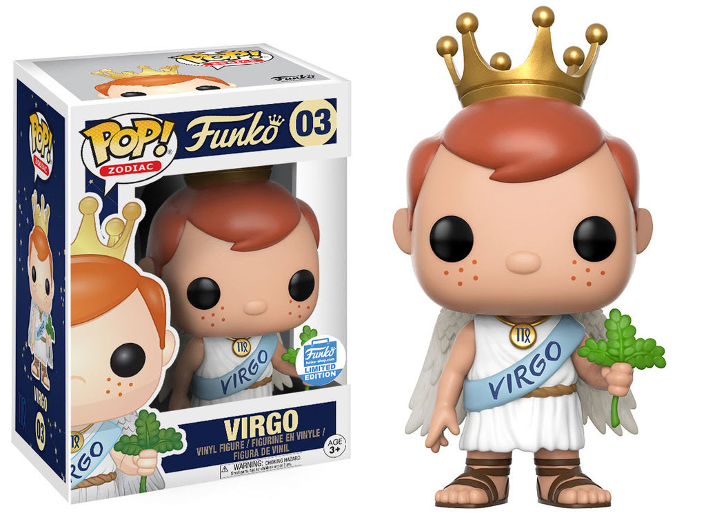 Funko Pop! Zodiac Freddy Funko Virgo figure, a Funko Shop exclusive with detailed Virgo zodiac design and colorful packaging.