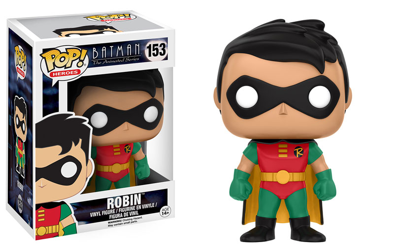 Funko Pop! figure of Robin from Batman: The Animated Series, collectible toy from Heroes series, shown in vibrant pose.