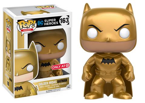 Funko Pop! Heroes Golden Midas Batman collectible figure with box imperfection, exclusive to Target, by Shak's Pop Shop.