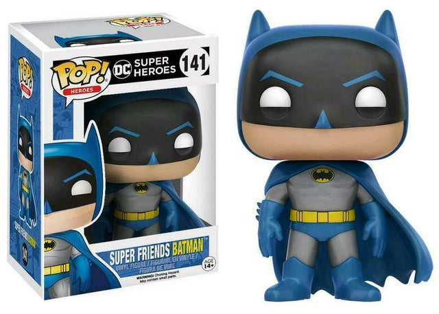 Funko Pop! figure of Batman from Heroes: Super Friends series, collectible vinyl toy with detailed costume and iconic cape.