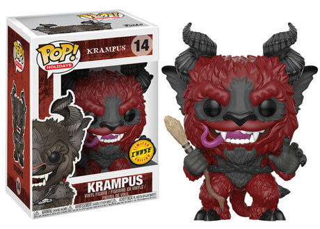 Funko Pop! Holidays Krampus figure in red chase variant with box imperfection, featuring detailed design and festive holiday theme.