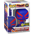 Funko Pop! of Spider-Man 2099 from Marvel's Across the Spider-Verse, glow version, with box imperfection, by Shak's Pop Shop