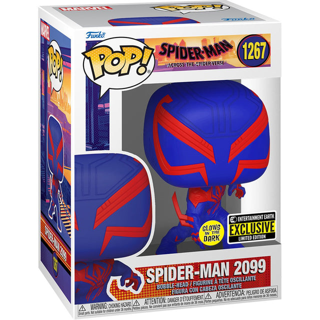 Funko Pop! of Spider-Man 2099 from Marvel's Across the Spider-Verse, glow version, with box imperfection, by Shak's Pop Shop