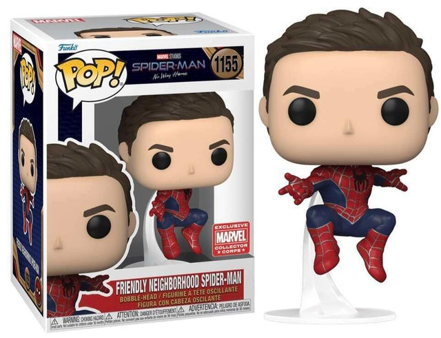 Funko Pop! figure of Friendly Neighborhood Spider-Man from Marvel's No Way Home, with box imperfections, by Shak's Pop Shop.