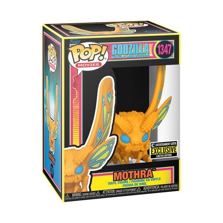 Funko Pop! figure of Godzilla and Mothra with black light effects, from the Entertainment Earth exclusive collection, by Shak's Pop Shop.