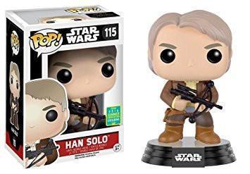 Funko Pop! figure of Han Solo from Star Wars: The Force Awakens with bowcaster, 2016 SDCC shared exclusive, collectible toy.