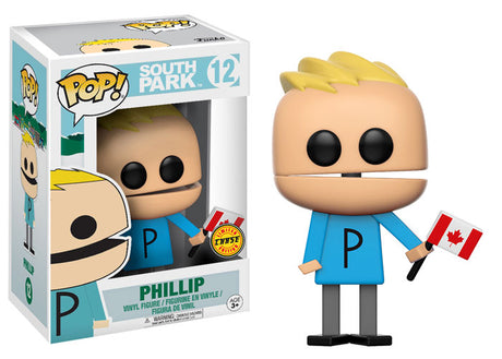 Funko Pop! South Park: Phillip Chase figure with Canada flag design, displayed in its box with slight imperfections.