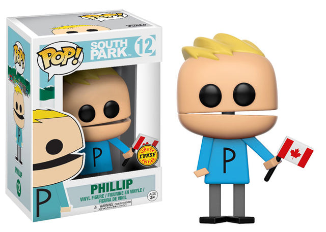 Funko Pop! figure of Phillip Chase from South Park with Canada flag, showing box imperfection, by Shak's Pop Shop.