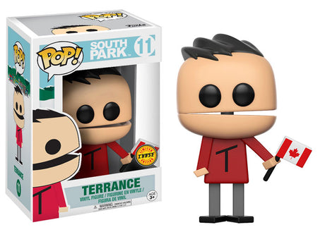 Funko Pop! South Park Terrance Chase figure with Canadian flag design, showcasing detailed vinyl toy in its box.