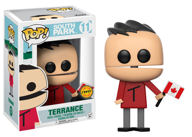 Funko Pop! figure of South Park's Terrance Chase with Canadian flag, featuring a box imperfection, from Shak's Pop Shop.