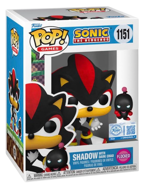 Funko Pop! Sonic the Hedgehog Shadow with Dark Chao figure, flocked texture, Toy Temple exclusive, detailed collectible toy.