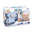 Funko Pop! Luffy Gear Five pearlescent figure from One Piece, displayed alongside matching themed T-shirt, collectible and apparel set
