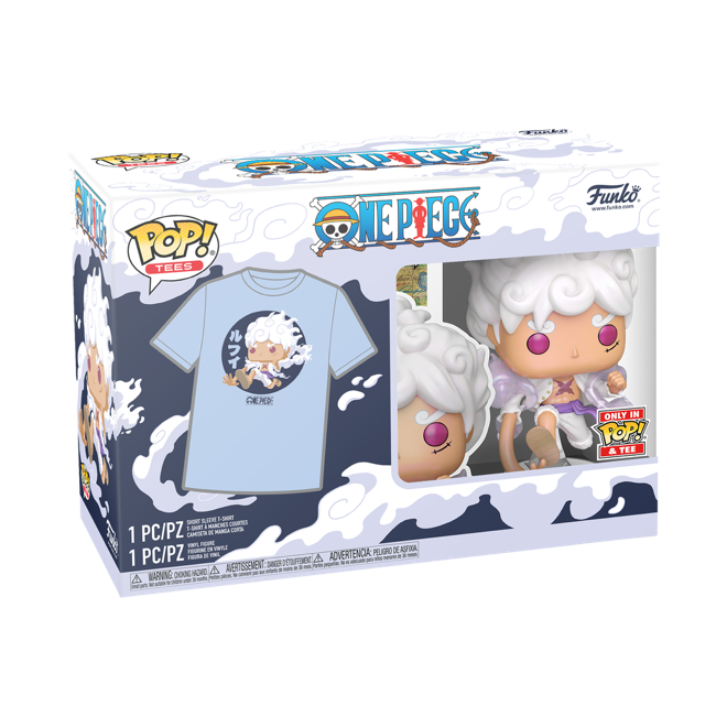 Funko Pop! Luffy Gear Five pearlescent figure from One Piece, displayed alongside matching themed T-shirt, collectible and apparel set