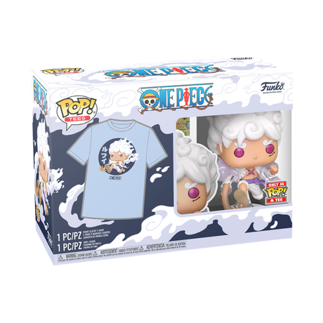 Funko Pop! Luffy Gear Five pearlescent figure from One Piece, displayed alongside matching themed T-shirt, collectible and apparel set