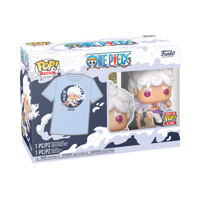 Funko Pop! Luffy Gear Five pearlescent figure from One Piece, displayed alongside matching themed T-shirt, collectible and apparel set