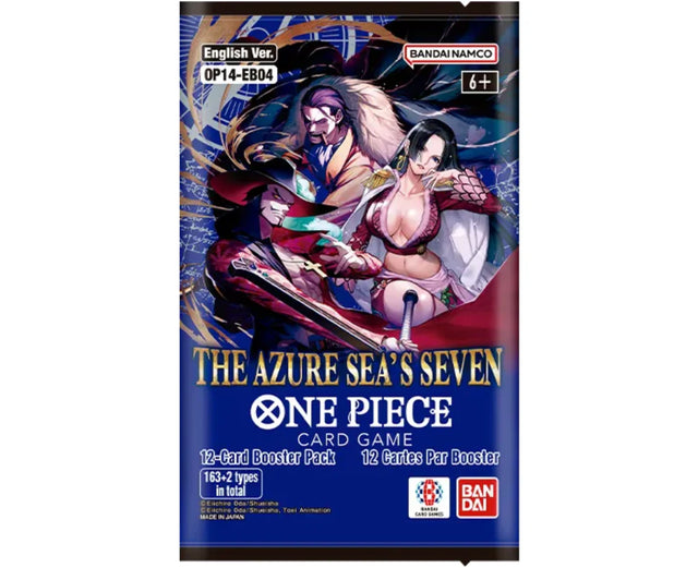 One Piece Card Game: The Azure Sea's Seven Blister Pack TCG by Shak's Pop Shop, featuring collectible cards in a blister pack.