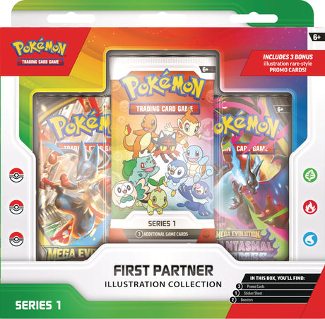 Pokemon TCG First Partner Illustration Collection Series 1 card display featuring colorful artwork of iconic Pokémon characters.