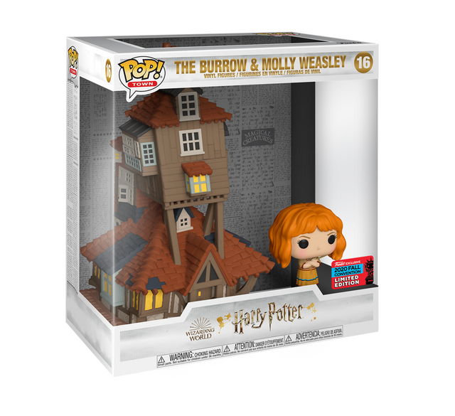 Funko Pop! Town Harry Potter The Burrow and Molly Weasley figure with shared 2020 Fall Convention sticker, detailed collectible toy.