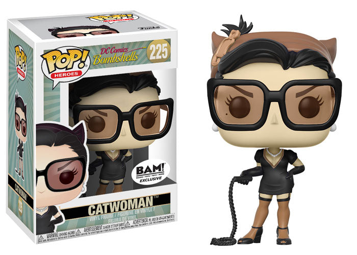 DC Bombshells Catwoman BAM Exclusive figure from Heroes series with minor box imperfection, displayed in a detailed collectible pose.