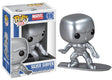 Silver Surfer collectible figurine from Marvel, displayed on a stand with shiny silver finish, by Shak's Pop Shop.