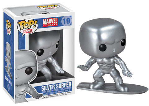 Silver Surfer collectible figurine from Marvel, displayed on a stand with shiny silver finish, by Shak's Pop Shop.