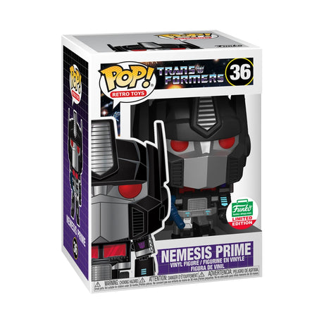Funko Pop! Retro Toys Transformers Nemesis Prime figure, exclusive collectible toy from Shak's Pop Shop, detailed packaging.