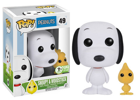 Flocked Funko Pop! of Snoopy and Woodstock from Peanuts, 2016 ECCC Con sticker, with minor box imperfection, by Shak's Pop Shop.
